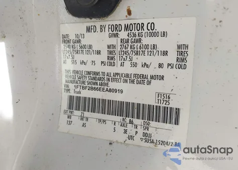 2014 Ford F-250 Xl z USA, uszkodzony, nr VIN 1FTBF2B66EEA80919